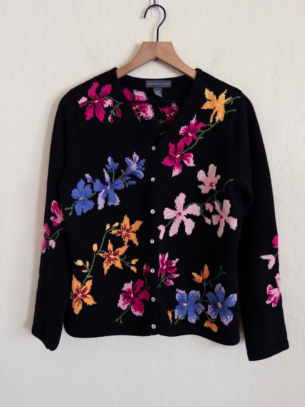 Vintage Northern Isles Cotton Ramie Floral Embroidered Cardigan Large Colorful